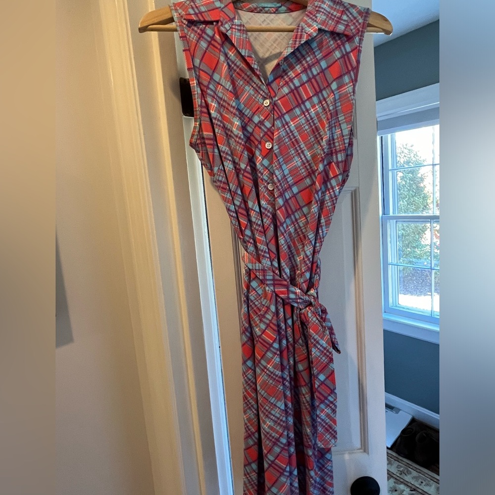 J Mclaughlin Dolly Catalina Sleeveless Plaid Wrap Dress with Collar